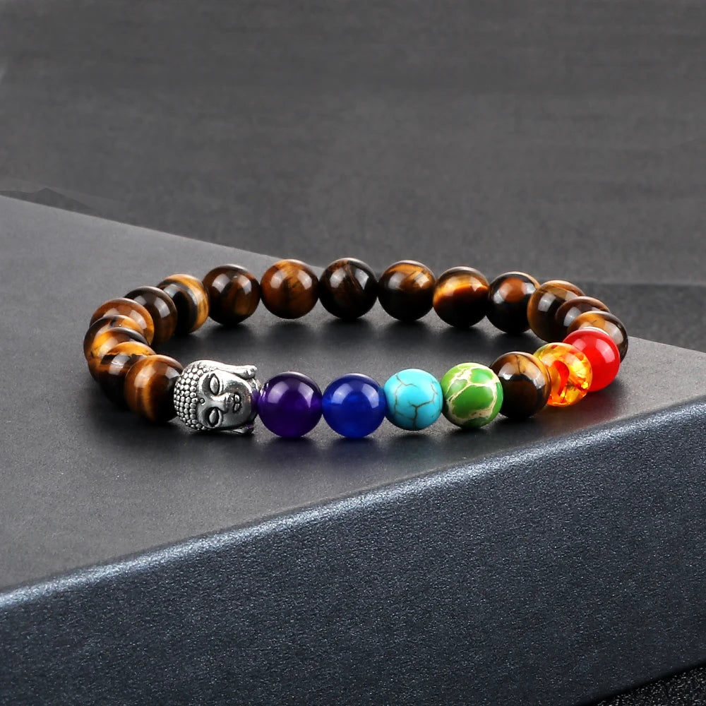 Chakra Buddha Armband Tigerauge mit Hintergrund