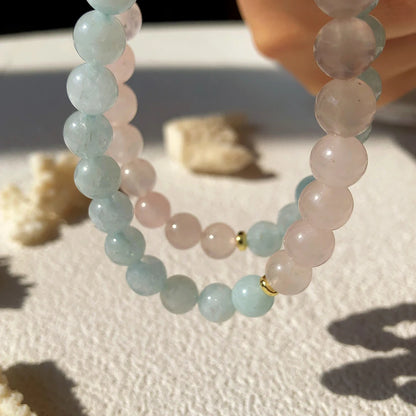 Aquamarin Rosenquarz Perlenarmband doppelt